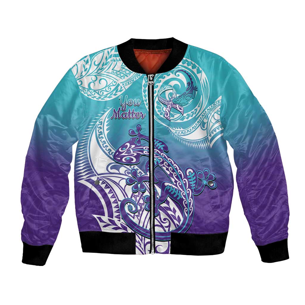 Personalised New Zealand Suicide Prevention Month Bomber Jacket You Matter NZ Fern With Maori Koru Lizard LT14 Unisex Teal - Polynesian Pride
