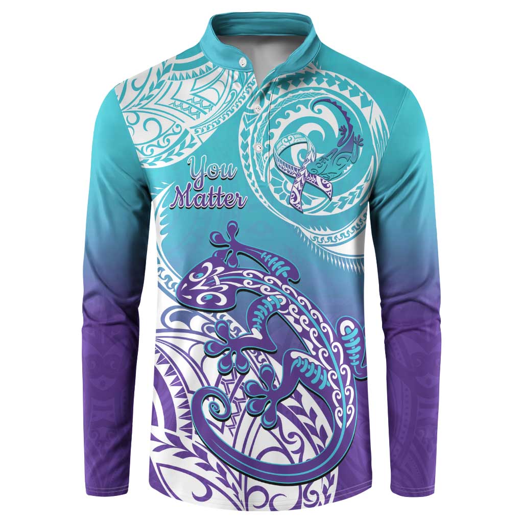 Personalised New Zealand Suicide Prevention Month Button Sweatshirt You Matter NZ Fern With Maori Koru Lizard LT14 Teal - Polynesian Pride
