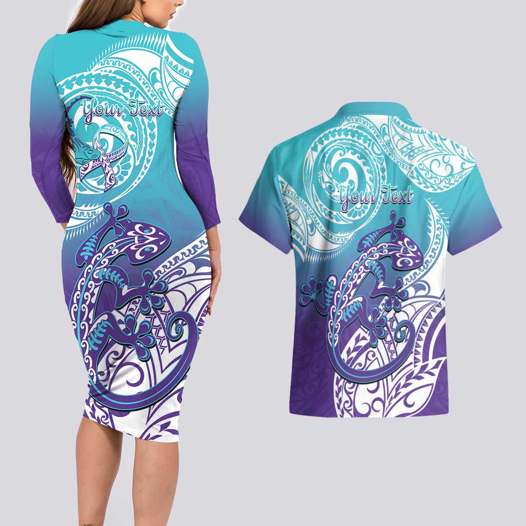 Personalised New Zealand Suicide Prevention Month Couples Matching Long Sleeve Bodycon Dress and Hawaiian Shirt You Matter NZ Fern With Maori Koru Lizard LT14 - Polynesian Pride