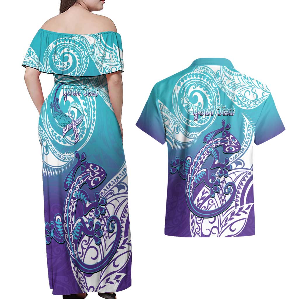 Personalised New Zealand Suicide Prevention Month Couples Matching Off Shoulder Maxi Dress and Hawaiian Shirt You Matter NZ Fern With Maori Koru Lizard LT14 - Polynesian Pride