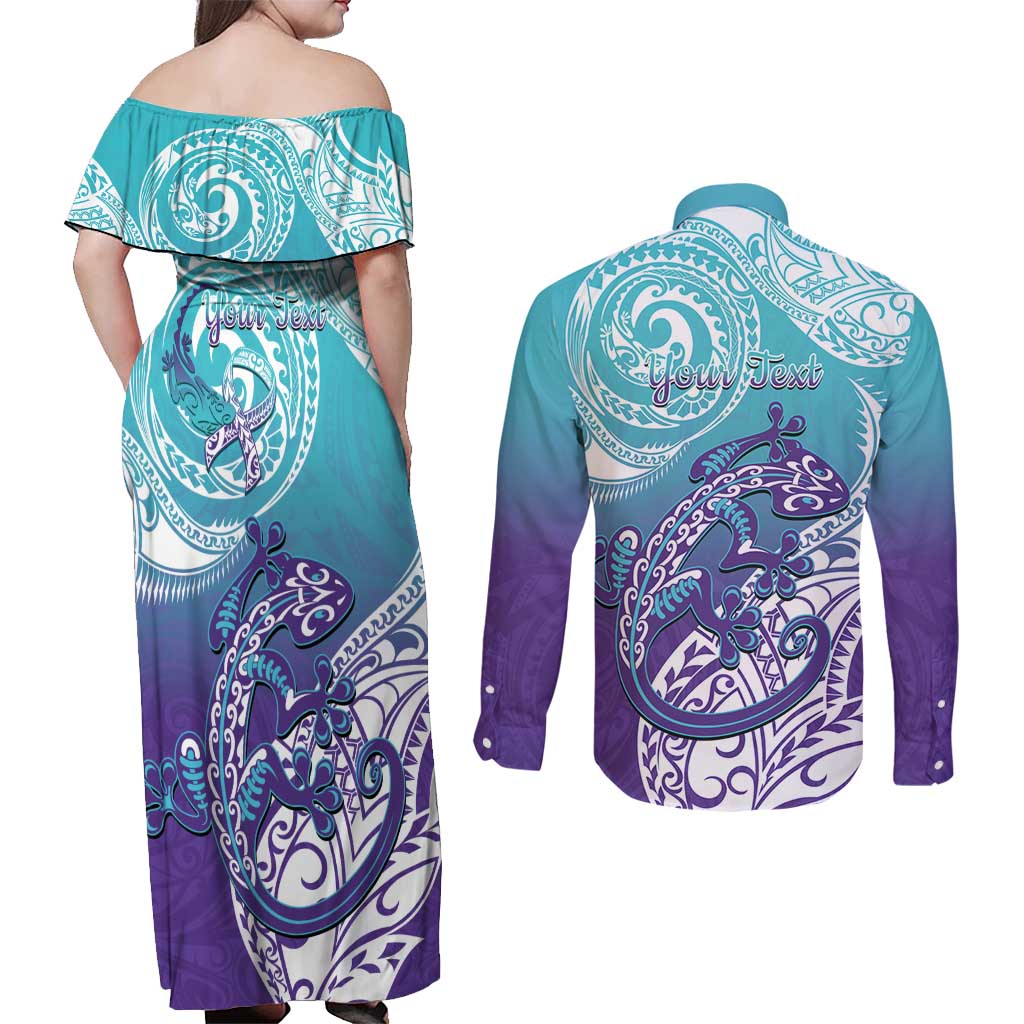 Personalised New Zealand Suicide Prevention Month Couples Matching Off Shoulder Maxi Dress and Long Sleeve Button Shirt You Matter NZ Fern With Maori Koru Lizard LT14 - Polynesian Pride