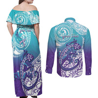 Personalised New Zealand Suicide Prevention Month Couples Matching Off Shoulder Maxi Dress and Long Sleeve Button Shirt You Matter NZ Fern With Maori Koru Lizard LT14 - Polynesian Pride