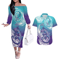 Personalised New Zealand Suicide Prevention Month Couples Matching Off The Shoulder Long Sleeve Dress and Hawaiian Shirt You Matter NZ Fern With Maori Koru Lizard LT14 Teal - Polynesian Pride