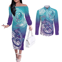 Personalised New Zealand Suicide Prevention Month Couples Matching Off The Shoulder Long Sleeve Dress and Long Sleeve Button Shirt You Matter NZ Fern With Maori Koru Lizard LT14 Teal - Polynesian Pride
