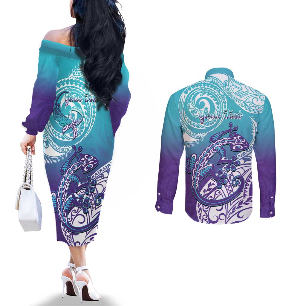 Personalised New Zealand Suicide Prevention Month Couples Matching Off The Shoulder Long Sleeve Dress and Long Sleeve Button Shirt You Matter NZ Fern With Maori Koru Lizard LT14 - Polynesian Pride