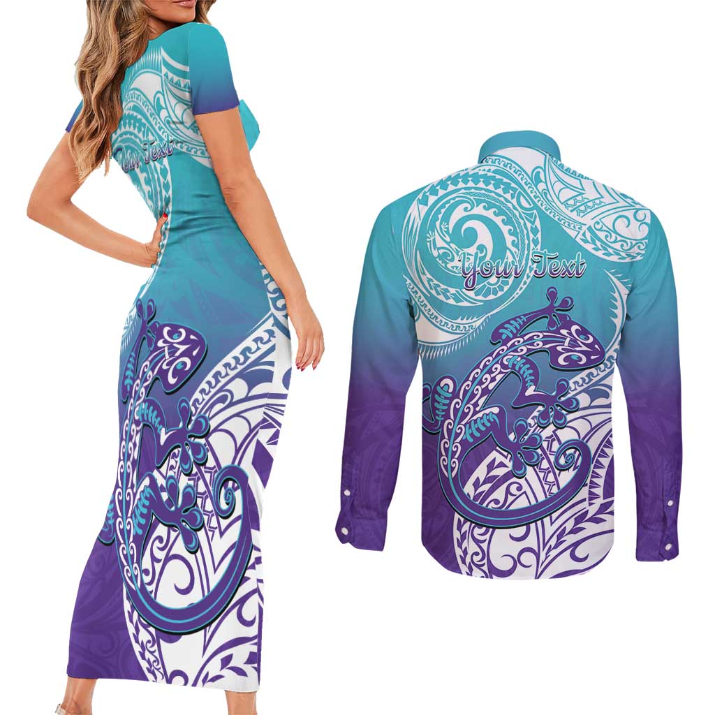 Personalised New Zealand Suicide Prevention Month Couples Matching Short Sleeve Bodycon Dress and Long Sleeve Button Shirt You Matter NZ Fern With Maori Koru Lizard LT14 - Polynesian Pride