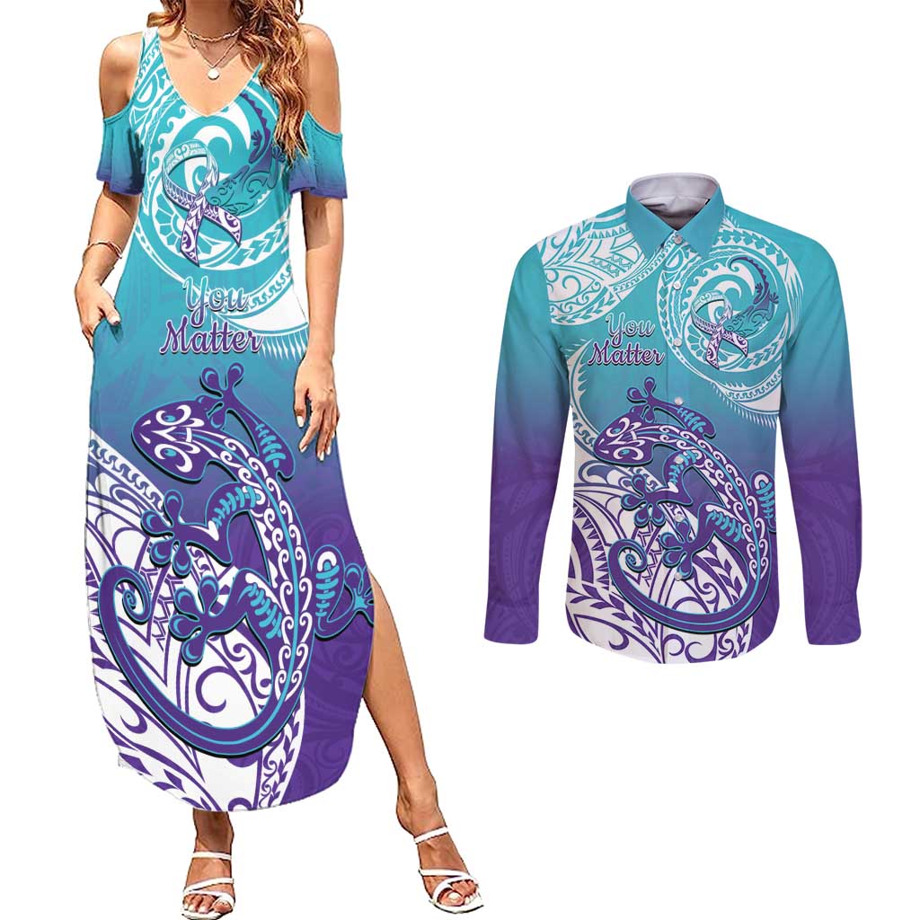 Personalised New Zealand Suicide Prevention Month Couples Matching Summer Maxi Dress and Long Sleeve Button Shirt You Matter NZ Fern With Maori Koru Lizard LT14 Teal - Polynesian Pride