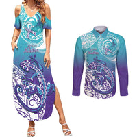 Personalised New Zealand Suicide Prevention Month Couples Matching Summer Maxi Dress and Long Sleeve Button Shirt You Matter NZ Fern With Maori Koru Lizard LT14 Teal - Polynesian Pride