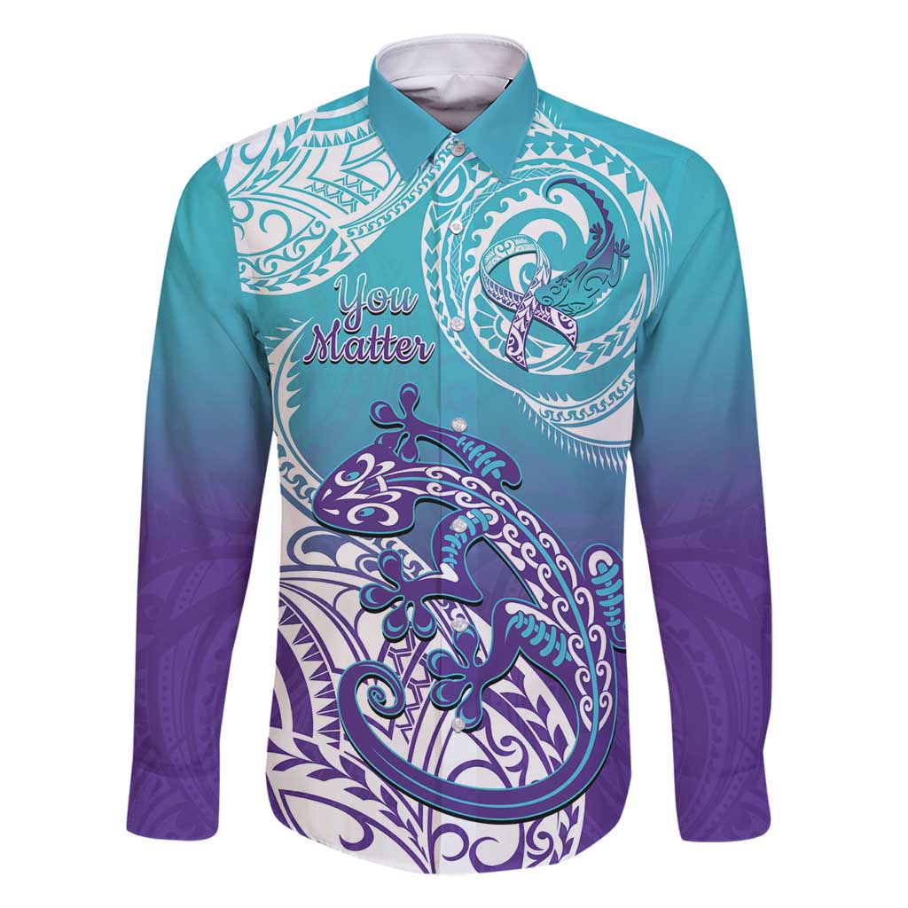 Personalised New Zealand Suicide Prevention Month Family Matching Mermaid Dress and Hawaiian Shirt You Matter NZ Fern With Maori Koru Lizard LT14 Dad's Shirt - Long Sleeve Teal - Polynesian Pride