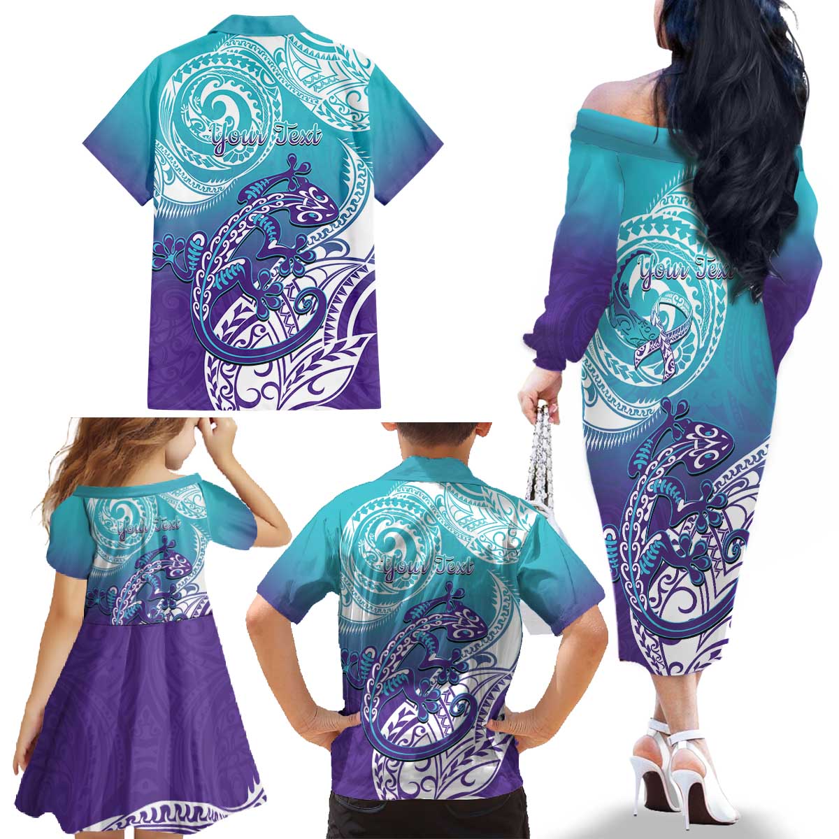 Personalised New Zealand Suicide Prevention Month Family Matching Off The Shoulder Long Sleeve Dress and Hawaiian Shirt You Matter NZ Fern With Maori Koru Lizard LT14 - Polynesian Pride