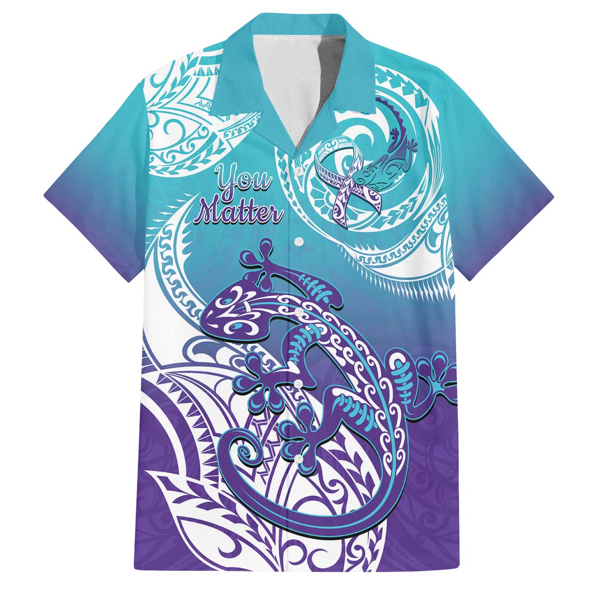 Personalised New Zealand Suicide Prevention Month Family Matching Off The Shoulder Long Sleeve Dress and Hawaiian Shirt You Matter NZ Fern With Maori Koru Lizard LT14 Dad's Shirt - Short Sleeve Teal - Polynesian Pride