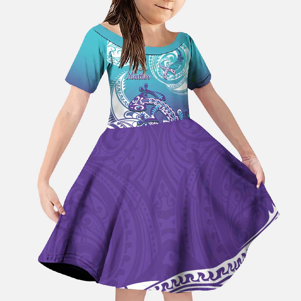 Personalised New Zealand Suicide Prevention Month Family Matching Off Shoulder Maxi Dress and Hawaiian Shirt You Matter NZ Fern With Maori Koru Lizard LT14 Daughter's Dress Teal - Polynesian Pride
