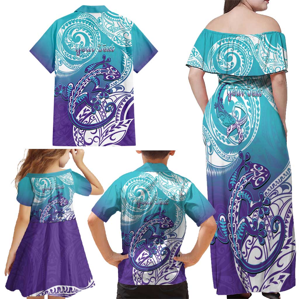 Personalised New Zealand Suicide Prevention Month Family Matching Off Shoulder Maxi Dress and Hawaiian Shirt You Matter NZ Fern With Maori Koru Lizard LT14 - Polynesian Pride