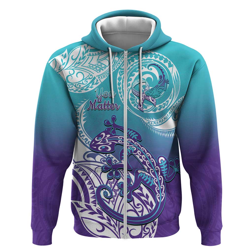 Personalised New Zealand Suicide Prevention Month Hoodie You Matter NZ Fern With Maori Koru Lizard LT14 Zip Hoodie Teal - Polynesian Pride