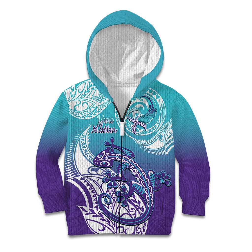 Personalised New Zealand Suicide Prevention Month Kid Hoodie You Matter NZ Fern With Maori Koru Lizard LT14 Zip Hoodie Teal - Polynesian Pride