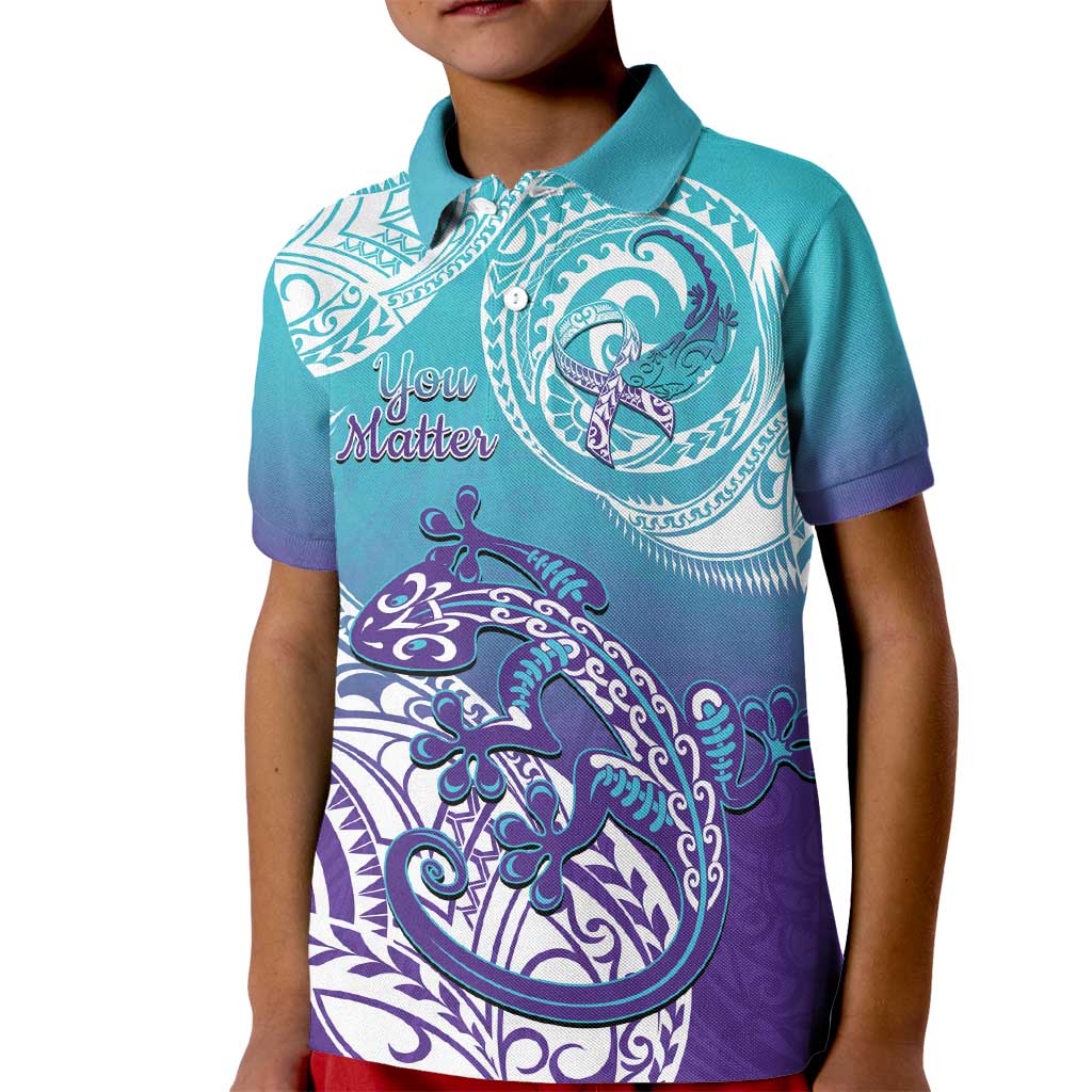Personalised New Zealand Suicide Prevention Month Kid Polo Shirt You Matter NZ Fern With Maori Koru Lizard LT14 Kid Teal - Polynesian Pride