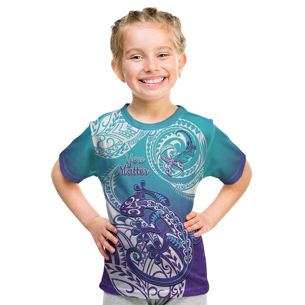 Personalised New Zealand Suicide Prevention Month Kid T Shirt You Matter NZ Fern With Maori Koru Lizard LT14 Teal - Polynesian Pride