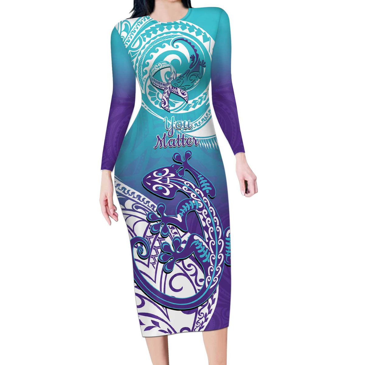 Personalised New Zealand Suicide Prevention Month Long Sleeve Bodycon Dress You Matter NZ Fern With Maori Koru Lizard LT14 Long Dress Teal - Polynesian Pride