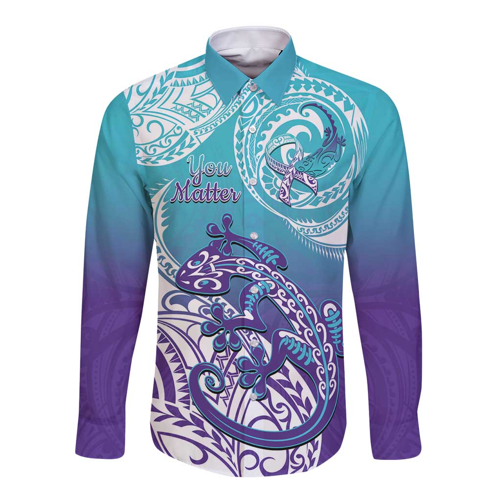 Personalised New Zealand Suicide Prevention Month Long Sleeve Button Shirt You Matter NZ Fern With Maori Koru Lizard LT14 Unisex Teal - Polynesian Pride