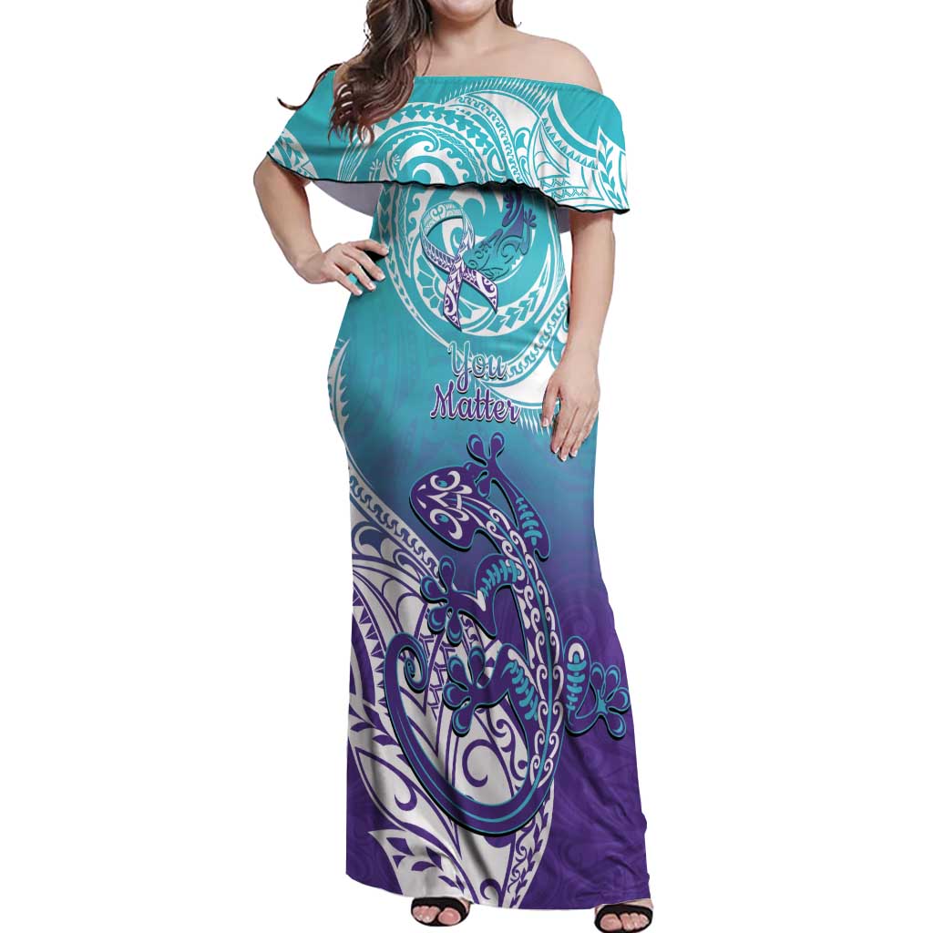 Personalised New Zealand Suicide Prevention Month Off Shoulder Maxi Dress You Matter NZ Fern With Maori Koru Lizard LT14 Women Teal - Polynesian Pride
