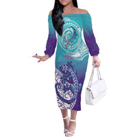 Personalised New Zealand Suicide Prevention Month Off The Shoulder Long Sleeve Dress You Matter NZ Fern With Maori Koru Lizard LT14 Women Teal - Polynesian Pride