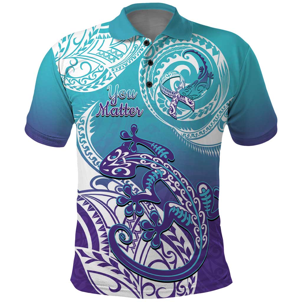 Personalised New Zealand Suicide Prevention Month Polo Shirt You Matter NZ Fern With Maori Koru Lizard LT14 Teal - Polynesian Pride