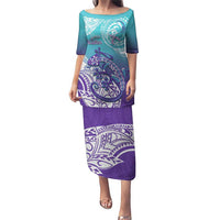 Personalised New Zealand Suicide Prevention Month Puletasi You Matter NZ Fern With Maori Koru Lizard LT14 Long Dress Teal - Polynesian Pride