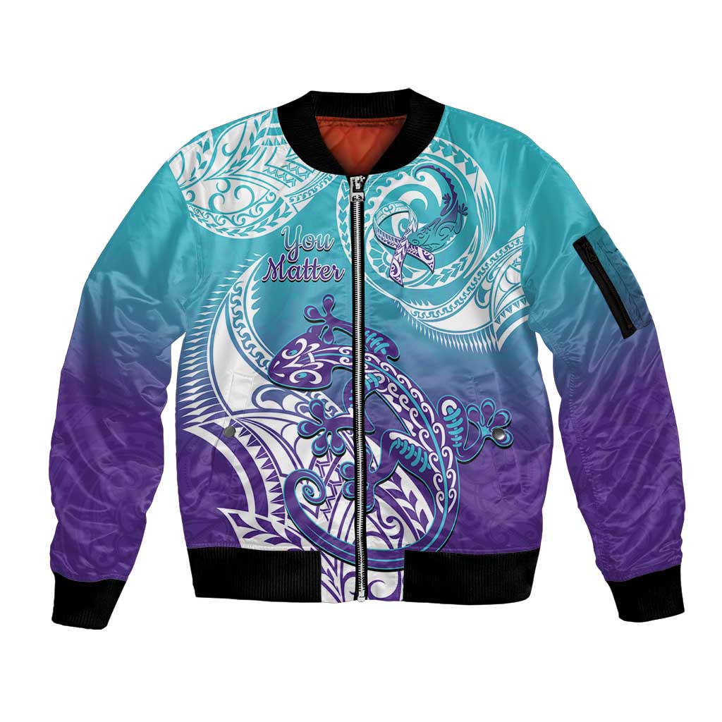 Personalised New Zealand Suicide Prevention Month Sleeve Zip Bomber Jacket You Matter NZ Fern With Maori Koru Lizard LT14 Unisex Teal - Polynesian Pride