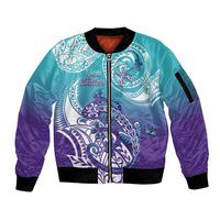 Personalised New Zealand Suicide Prevention Month Sleeve Zip Bomber Jacket You Matter NZ Fern With Maori Koru Lizard LT14 Unisex Teal - Polynesian Pride