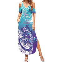 Personalised New Zealand Suicide Prevention Month Summer Maxi Dress You Matter NZ Fern With Maori Koru Lizard LT14 Women Teal - Polynesian Pride