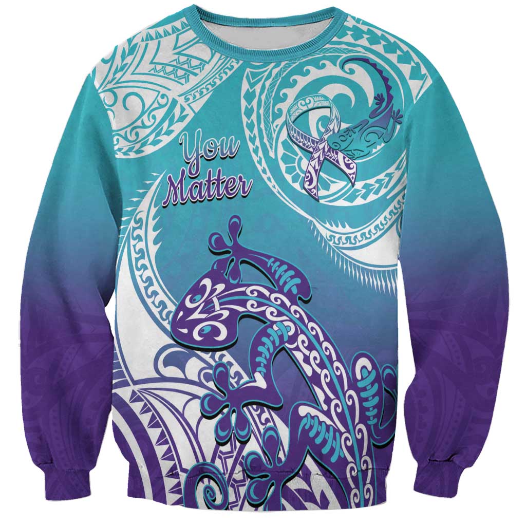 Personalised New Zealand Suicide Prevention Month Sweatshirt You Matter NZ Fern With Maori Koru Lizard LT14 Unisex Teal - Polynesian Pride