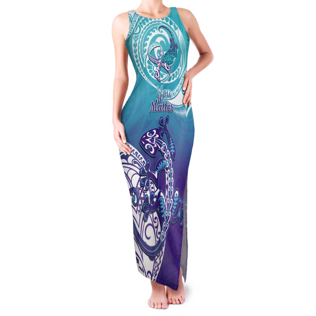 Personalised New Zealand Suicide Prevention Month Tank Maxi Dress You Matter NZ Fern With Maori Koru Lizard LT14 Women Teal - Polynesian Pride