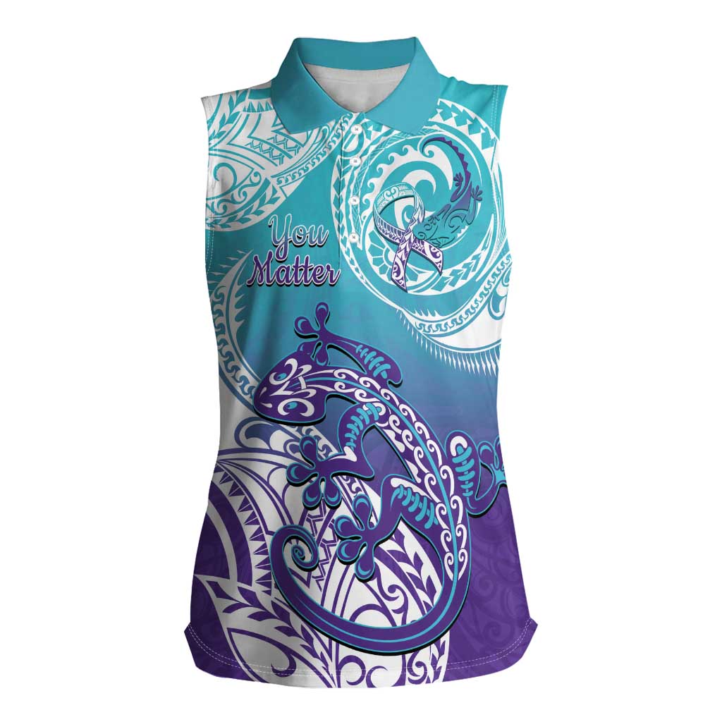 Personalised New Zealand Suicide Prevention Month Women Sleeveless Polo Shirt You Matter NZ Fern With Maori Koru Lizard LT14 Female Teal - Polynesian Pride