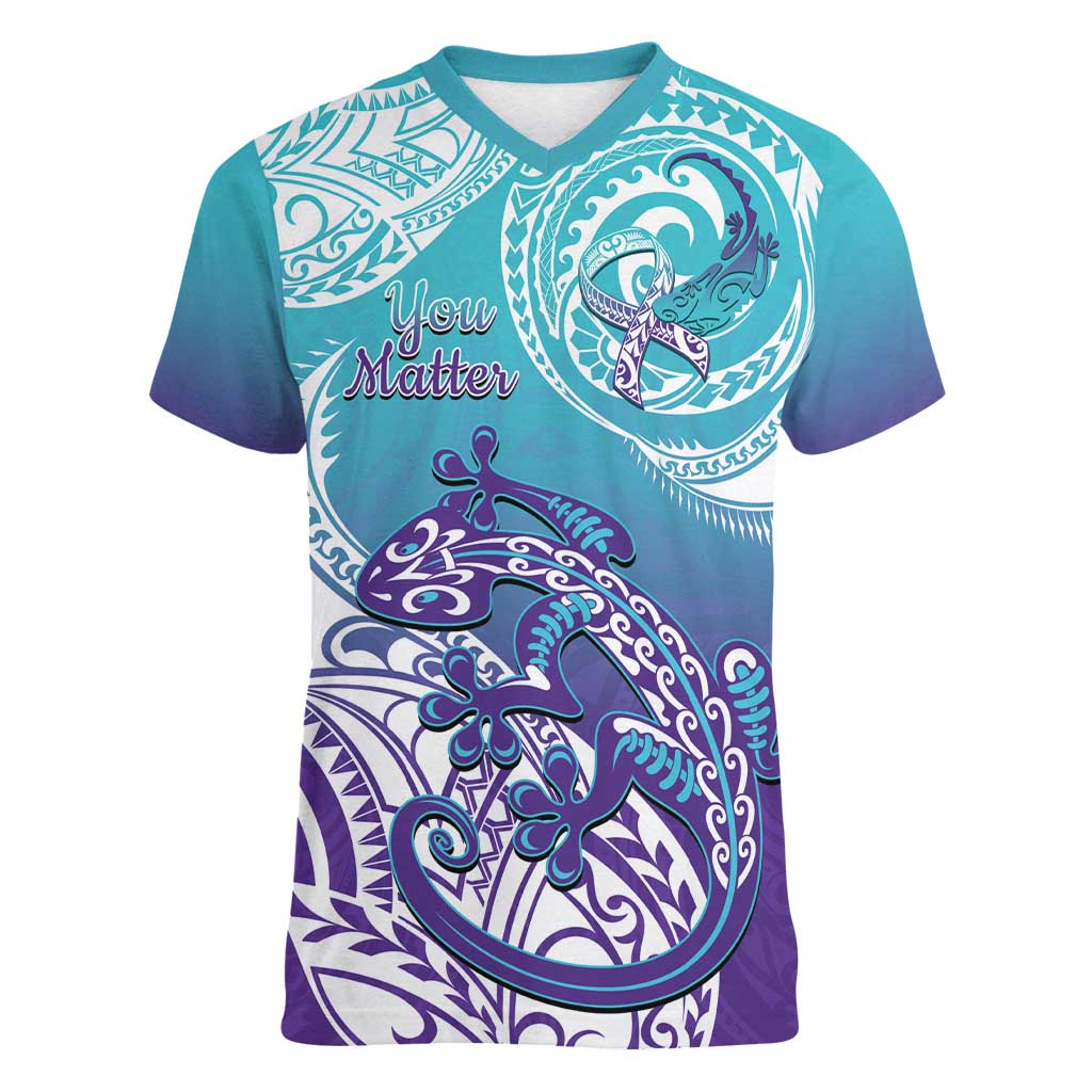 Personalised New Zealand Suicide Prevention Month Women V-Neck T-Shirt You Matter NZ Fern With Maori Koru Lizard LT14 Female Teal - Polynesian Pride