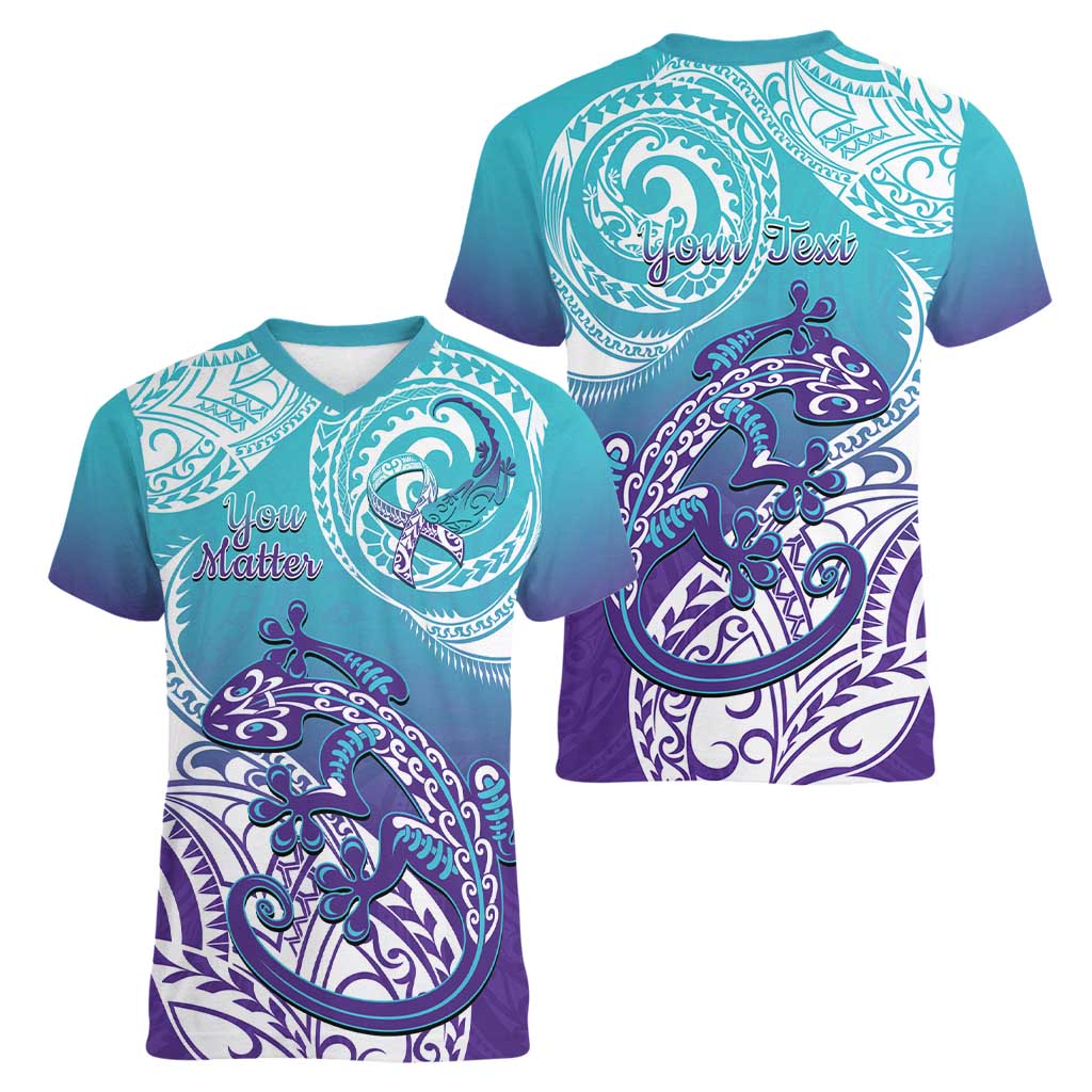 Personalised New Zealand Suicide Prevention Month Women V-Neck T-Shirt You Matter NZ Fern With Maori Koru Lizard LT14 - Polynesian Pride