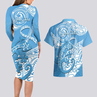 Personalised New Zealand Autism Awareness Couples Matching Long Sleeve Bodycon Dress and Hawaiian Shirt NZ Fern With Maori Koru Lizard LT14 - Polynesian Pride