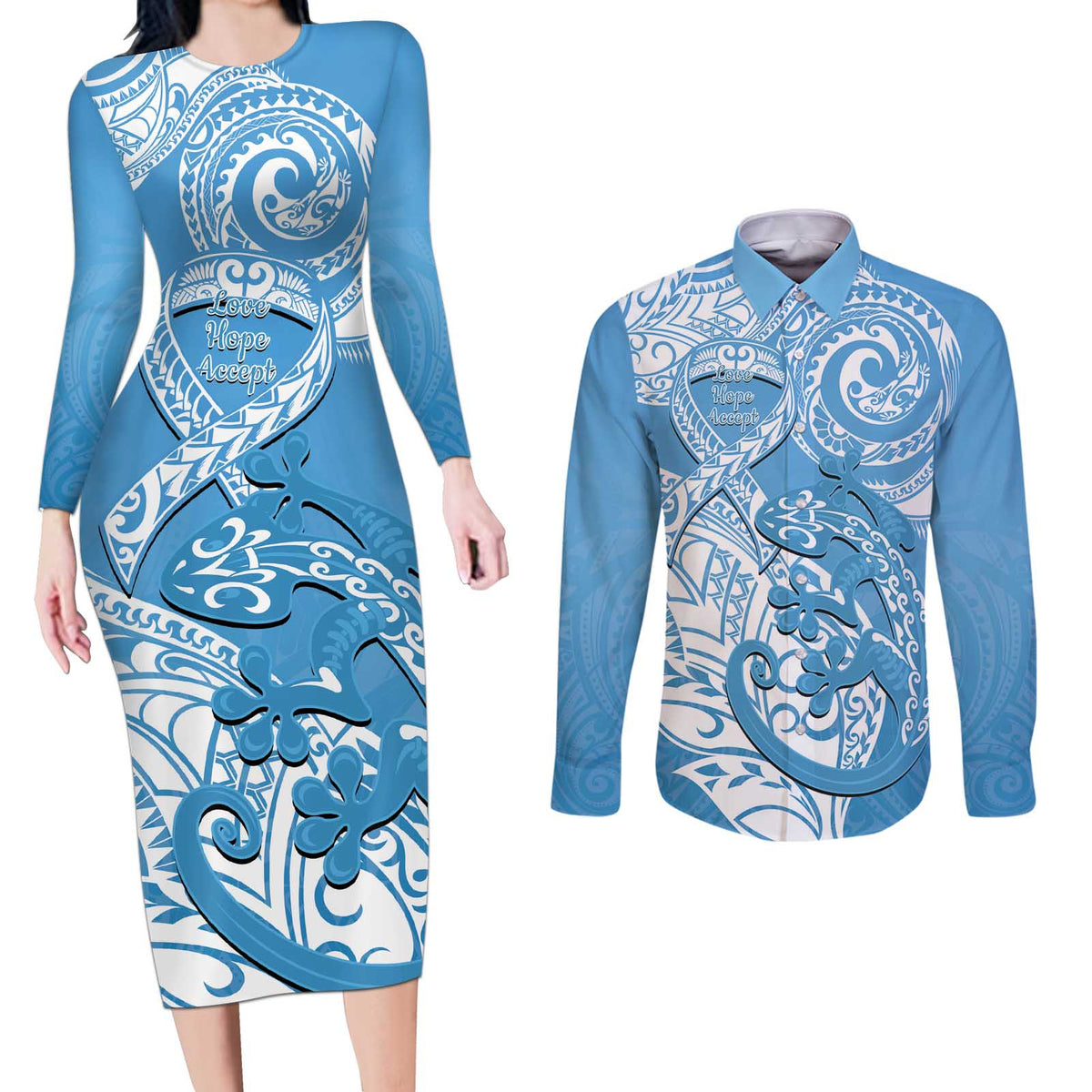 Personalised New Zealand Autism Awareness Couples Matching Long Sleeve Bodycon Dress and Long Sleeve Button Shirt NZ Fern With Maori Koru Lizard LT14 Blue - Polynesian Pride