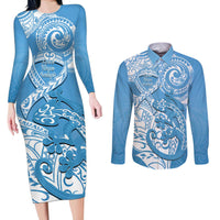 Personalised New Zealand Autism Awareness Couples Matching Long Sleeve Bodycon Dress and Long Sleeve Button Shirt NZ Fern With Maori Koru Lizard LT14 Blue - Polynesian Pride