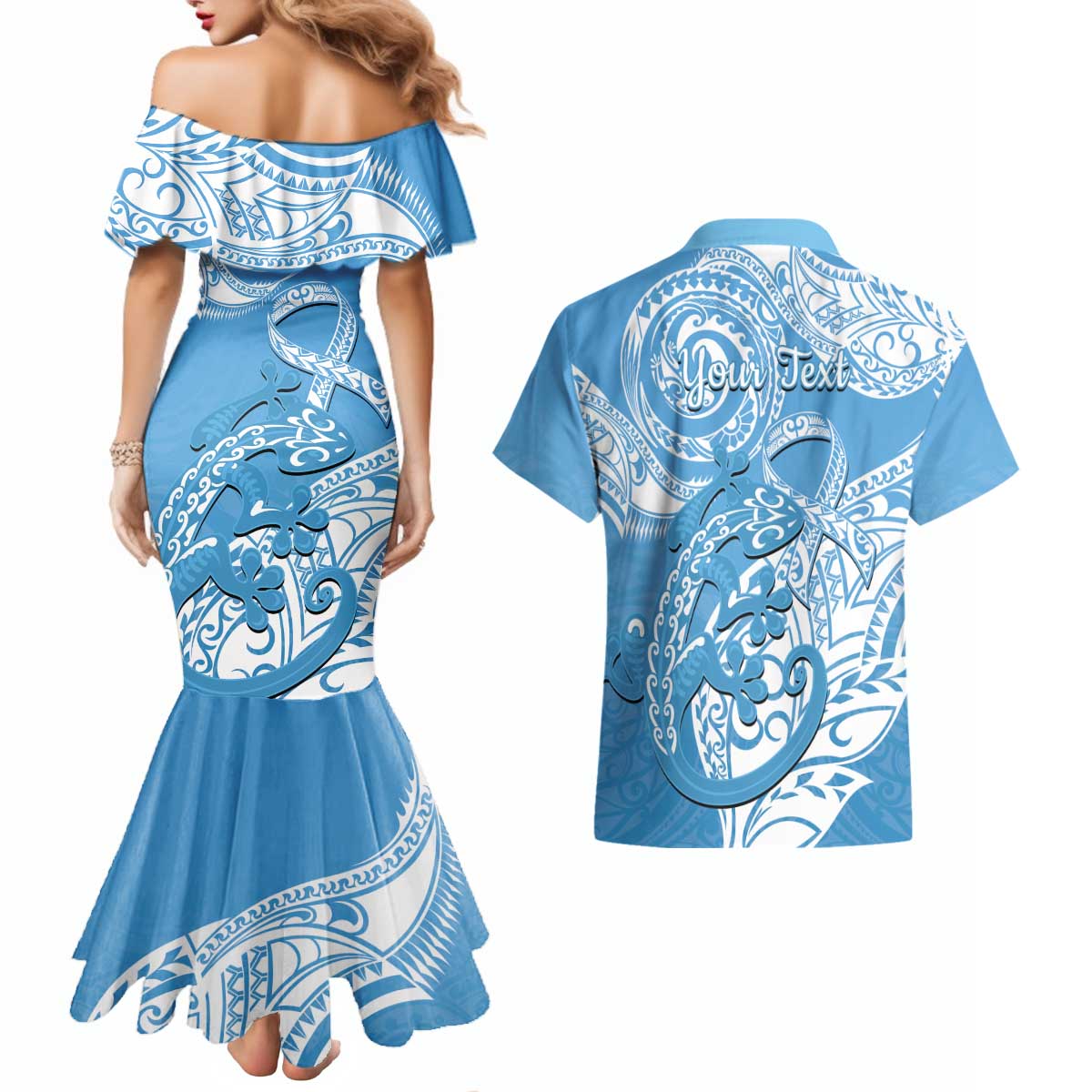 Personalised New Zealand Autism Awareness Couples Matching Mermaid Dress and Hawaiian Shirt NZ Fern With Maori Koru Lizard LT14 - Polynesian Pride