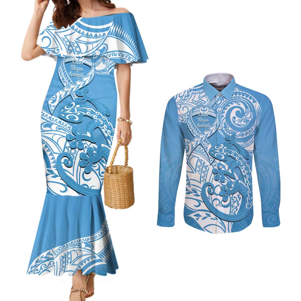 Personalised New Zealand Autism Awareness Couples Matching Mermaid Dress and Long Sleeve Button Shirt NZ Fern With Maori Koru Lizard LT14 Blue - Polynesian Pride