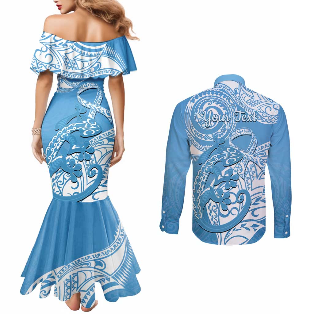 Personalised New Zealand Autism Awareness Couples Matching Mermaid Dress and Long Sleeve Button Shirt NZ Fern With Maori Koru Lizard LT14 - Polynesian Pride