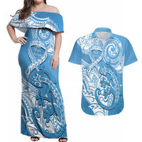 Personalised New Zealand Autism Awareness Couples Matching Off Shoulder Maxi Dress and Hawaiian Shirt NZ Fern With Maori Koru Lizard LT14 Blue - Polynesian Pride
