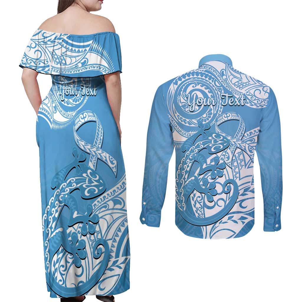 Personalised New Zealand Autism Awareness Couples Matching Off Shoulder Maxi Dress and Long Sleeve Button Shirt NZ Fern With Maori Koru Lizard LT14 - Polynesian Pride