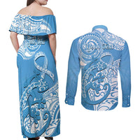 Personalised New Zealand Autism Awareness Couples Matching Off Shoulder Maxi Dress and Long Sleeve Button Shirt NZ Fern With Maori Koru Lizard LT14 - Polynesian Pride