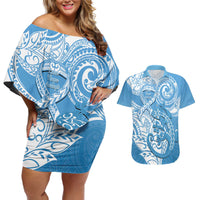 Personalised New Zealand Autism Awareness Couples Matching Off Shoulder Short Dress and Hawaiian Shirt NZ Fern With Maori Koru Lizard LT14 Blue - Polynesian Pride