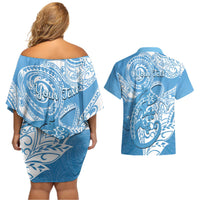 Personalised New Zealand Autism Awareness Couples Matching Off Shoulder Short Dress and Hawaiian Shirt NZ Fern With Maori Koru Lizard LT14 - Polynesian Pride