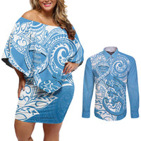 Personalised New Zealand Autism Awareness Couples Matching Off Shoulder Short Dress and Long Sleeve Button Shirt NZ Fern With Maori Koru Lizard LT14 Blue - Polynesian Pride