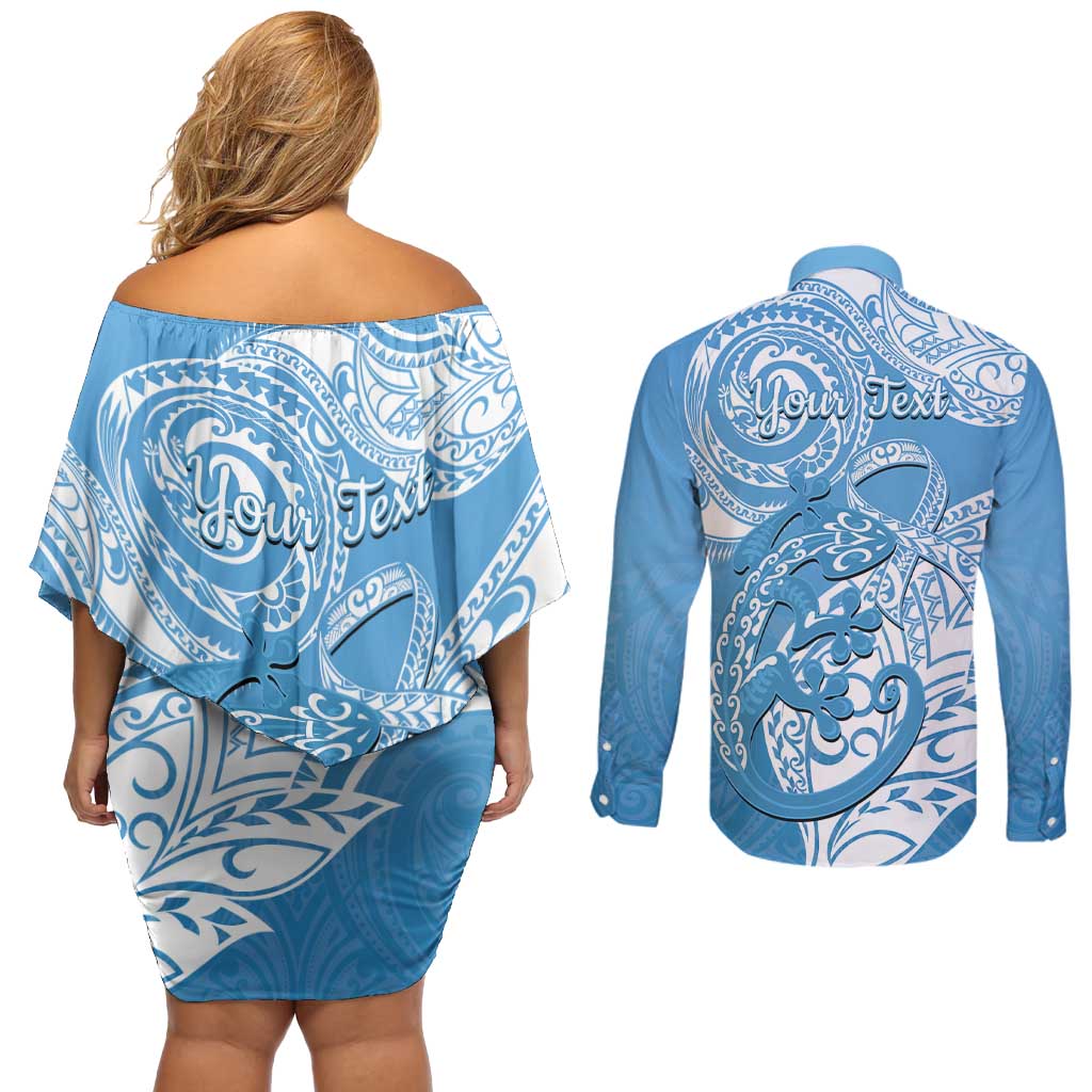 Personalised New Zealand Autism Awareness Couples Matching Off Shoulder Short Dress and Long Sleeve Button Shirt NZ Fern With Maori Koru Lizard LT14 - Polynesian Pride