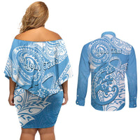 Personalised New Zealand Autism Awareness Couples Matching Off Shoulder Short Dress and Long Sleeve Button Shirt NZ Fern With Maori Koru Lizard LT14 - Polynesian Pride