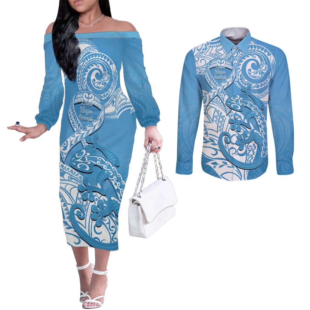 Personalised New Zealand Autism Awareness Couples Matching Off The Shoulder Long Sleeve Dress and Long Sleeve Button Shirt NZ Fern With Maori Koru Lizard LT14 Blue - Polynesian Pride